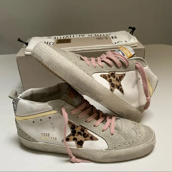 Golden Goose Mid Star Sneaker White Leather/Gold/Leopard Star sz 38 New in Box - Picture 13 of 14